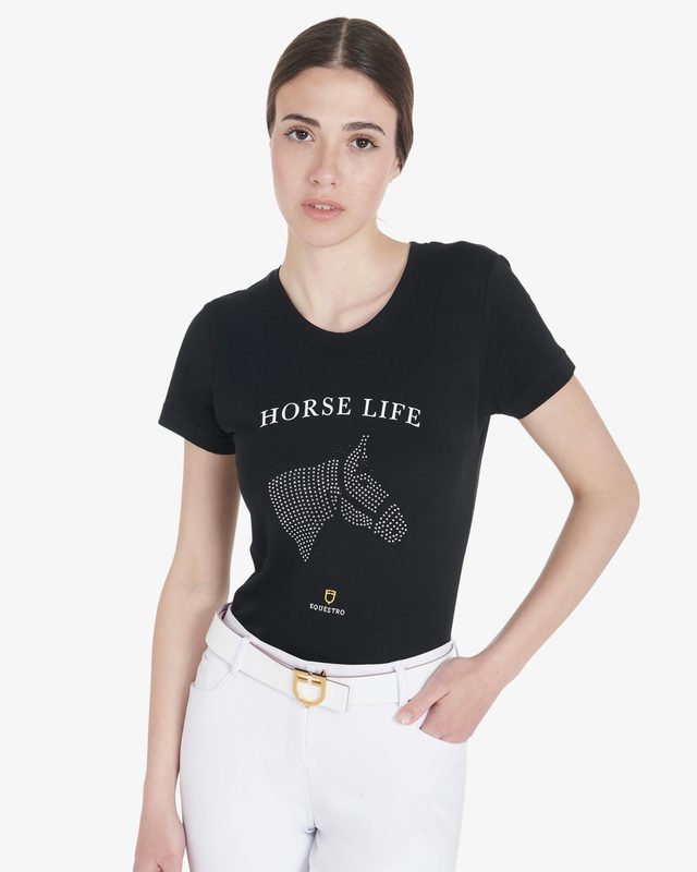 Women's slim fit t-shirt horse life with rhinestone