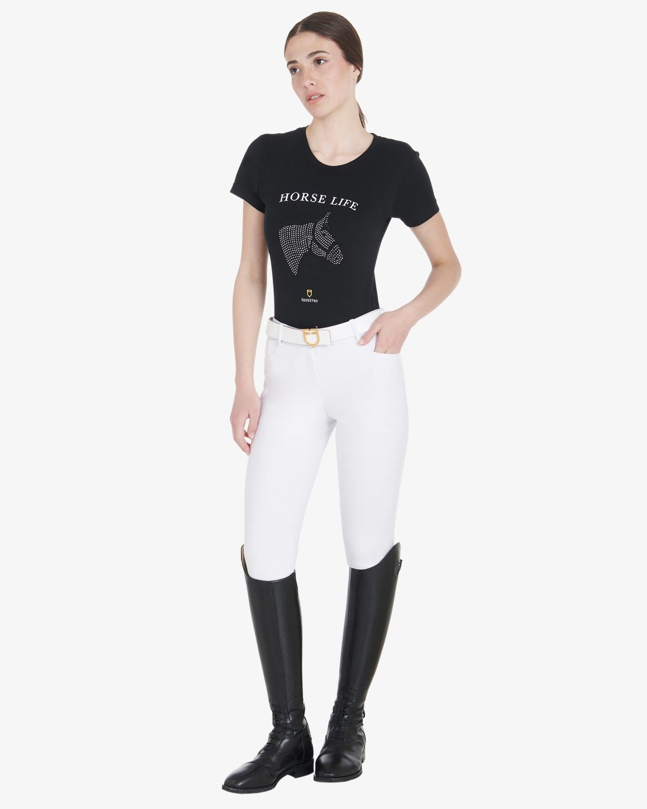 Women's slim fit t-shirt horse life with rhinestone