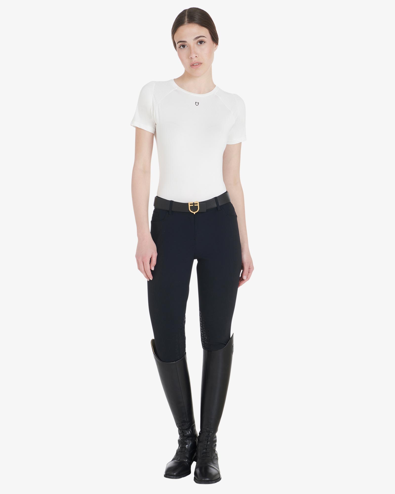 Tee-shirt à manches courtes avec strass sur le col femme ecru