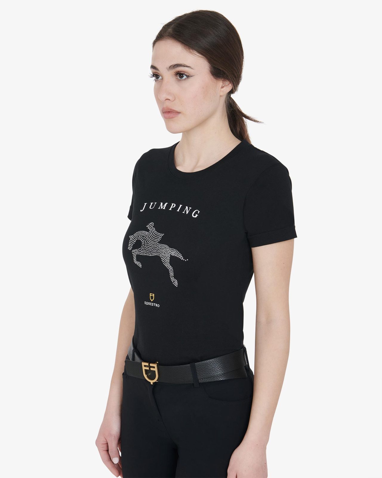 T-shirt donna slim fit disegno salto con strass