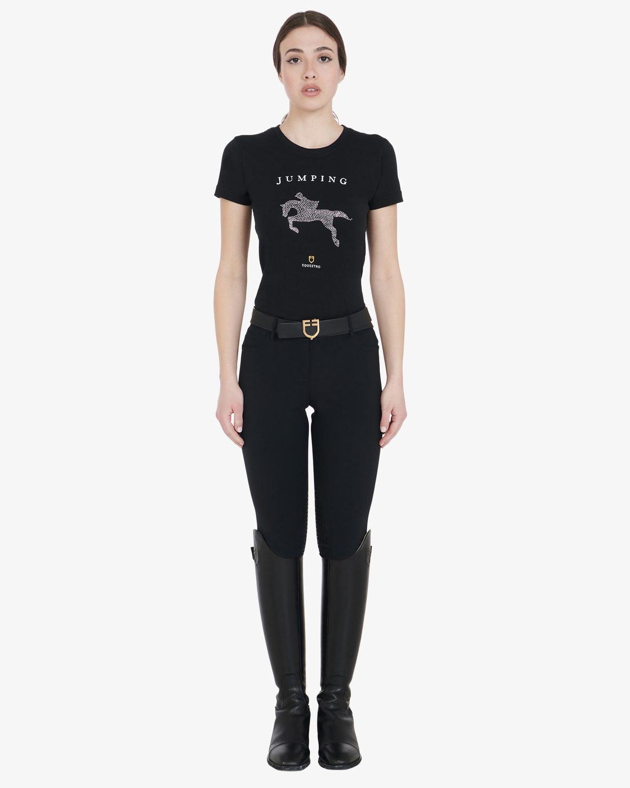 T-shirt donna slim fit disegno salto con strass