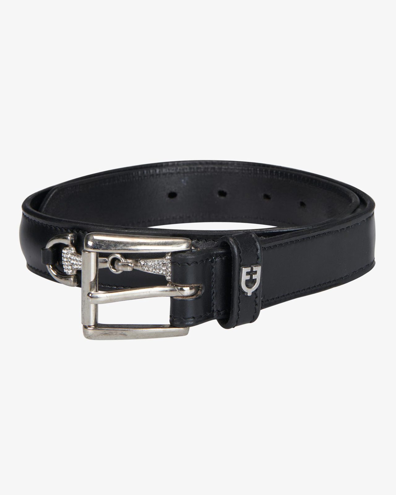 Leather belt with snaffle bits and rhinestones