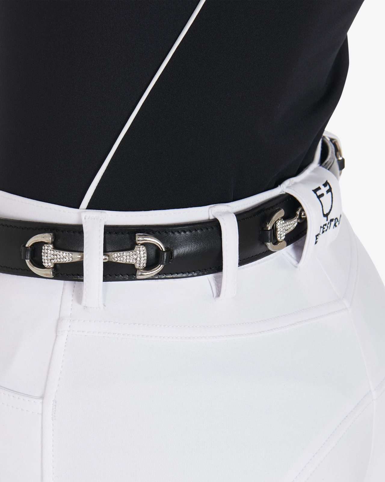 Leather belt with snaffle bits and rhinestones