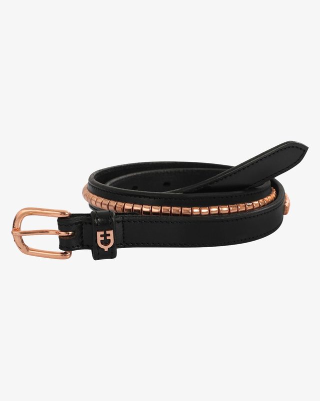 Leather belt with rose gold clincher