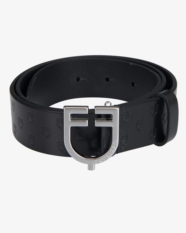 Leather logo belt with logoed buckle