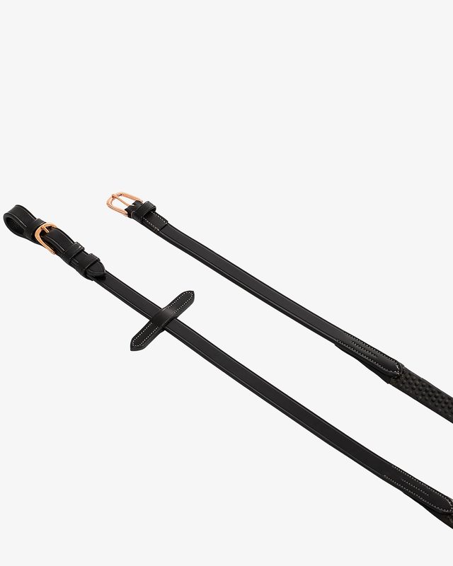 Leather and rubber reins for English bridle with rose gold buckles