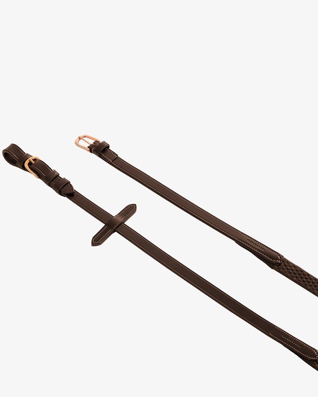 Leather and rubber reins for English bridle with rose gold buckles