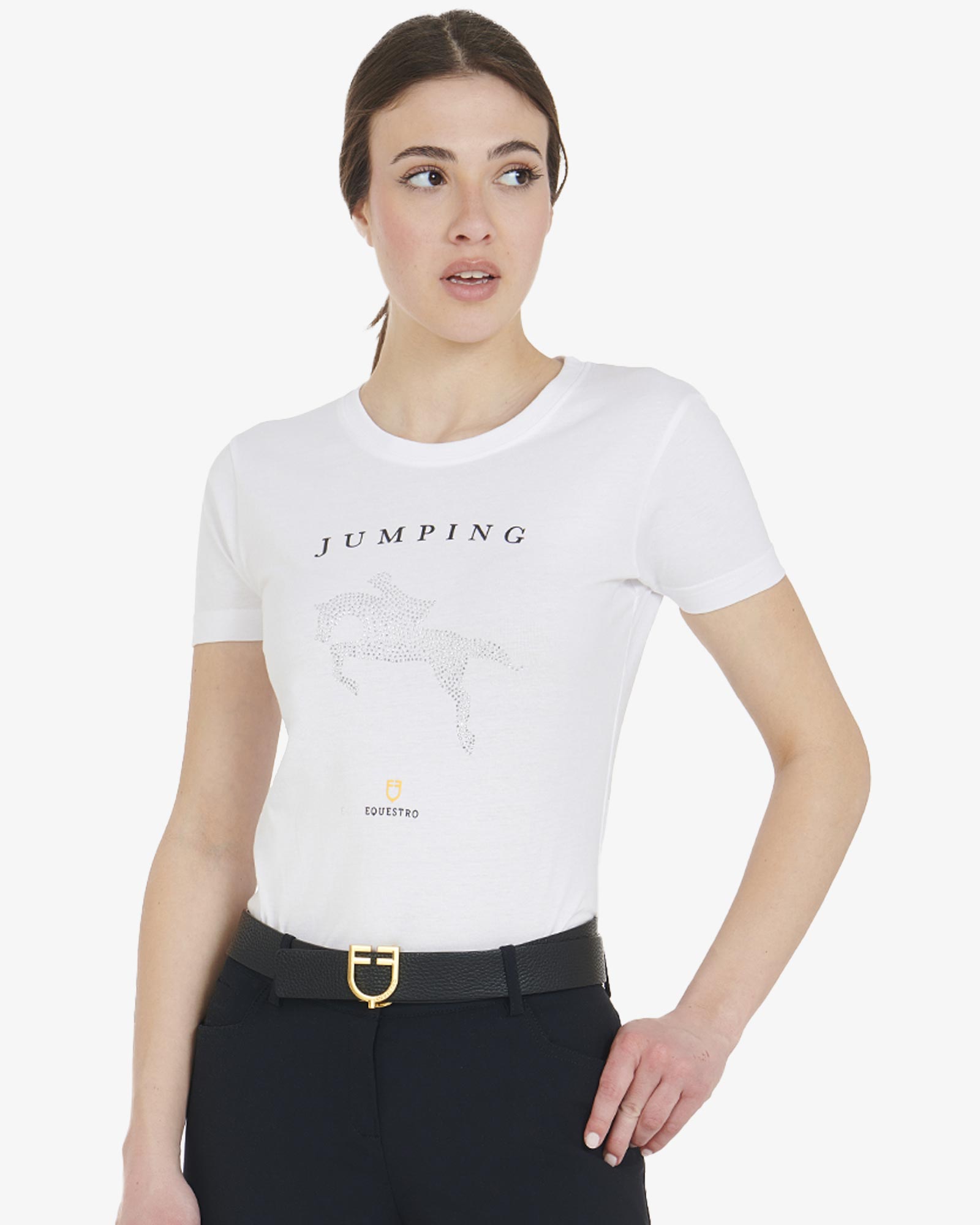 Women's slim fit t-shirt jumping with rhinestone