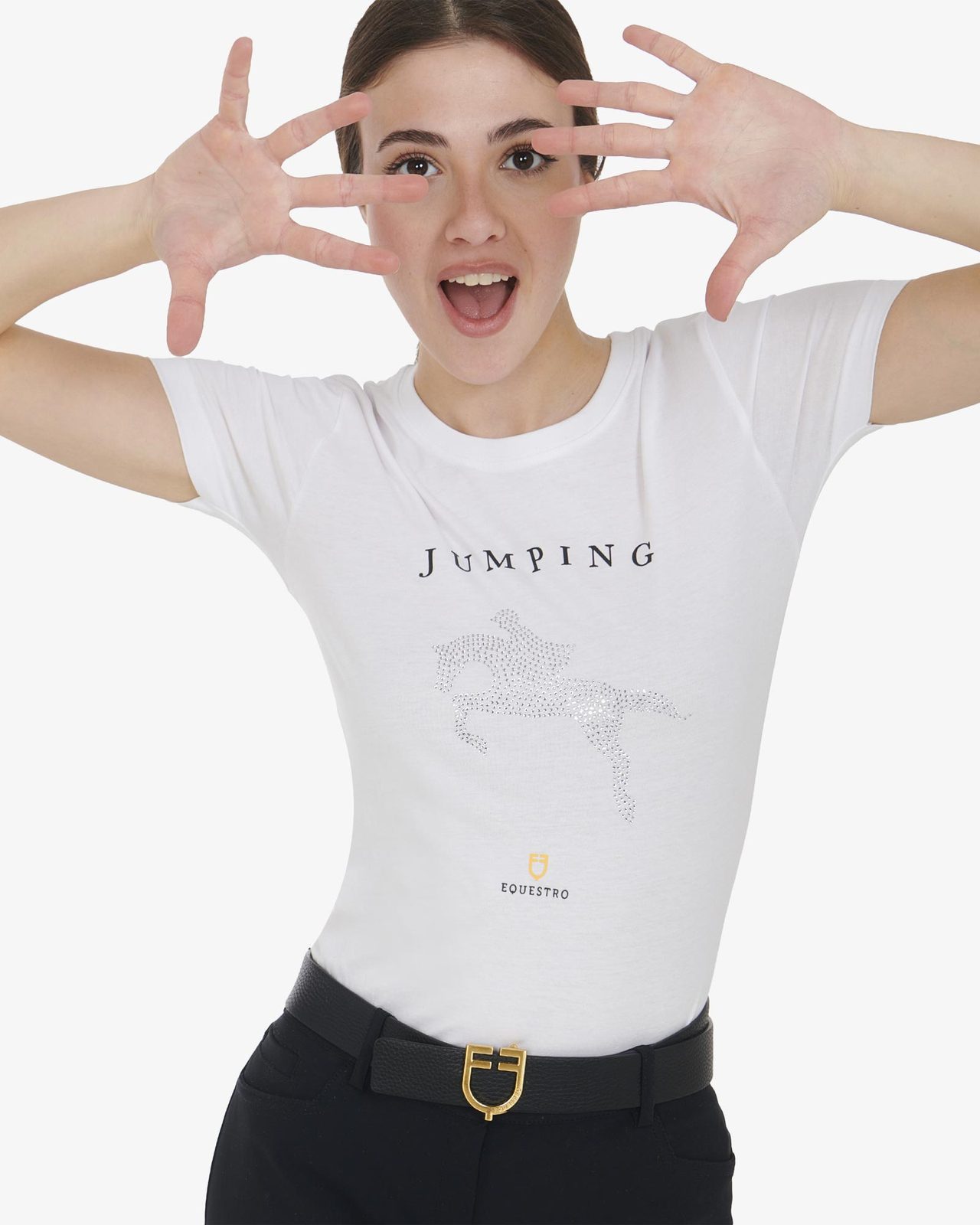 Women's slim fit t-shirt jumping with rhinestone