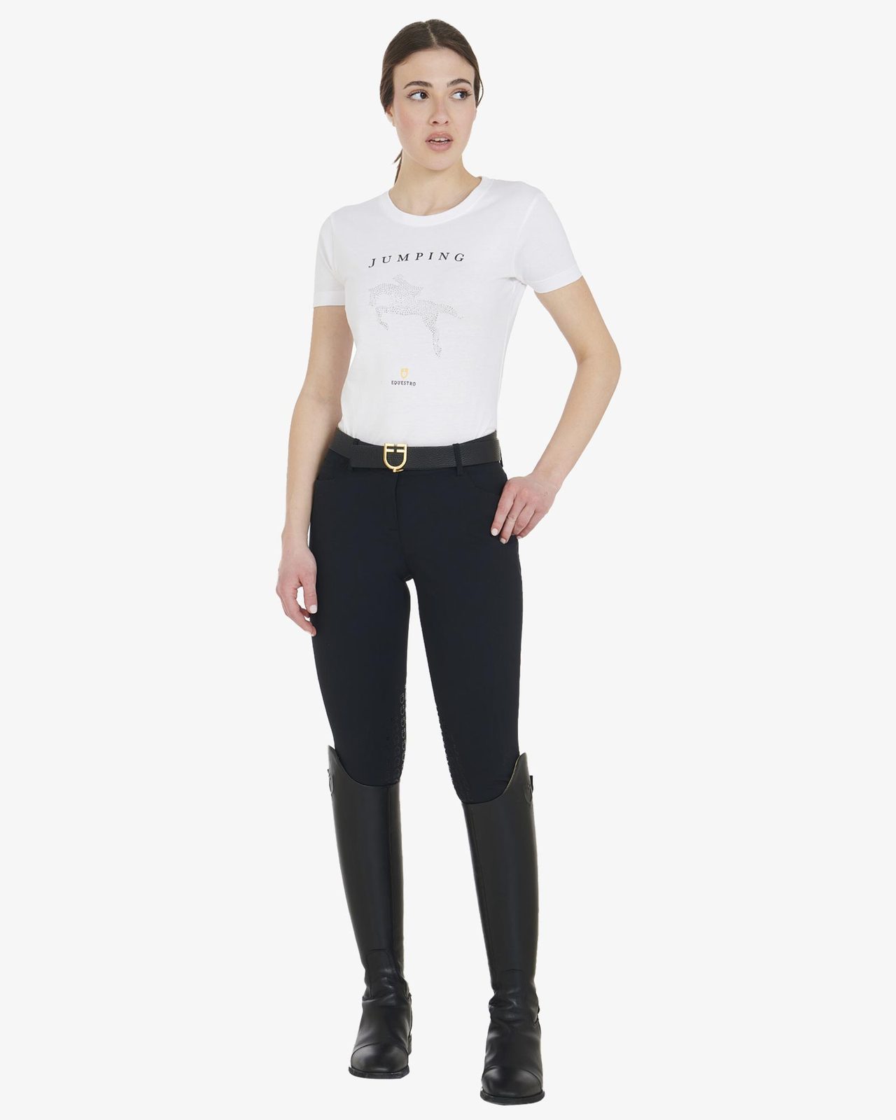 Women's slim fit t-shirt jumping with rhinestone