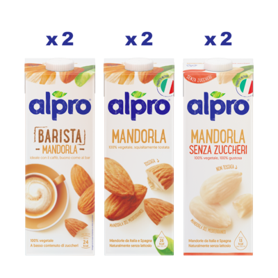 ALPRO BOX MANDORLA Bevande Vegetali, Classico 2x1l + Barista 2x1l + No Zuccheri 2x1l