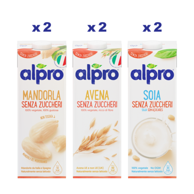 ALPRO BOX SENZA ZUCCHERI Bevande Vegatali, Avena 2x1l + Soia 2x1l + Mandorla 2x1l
