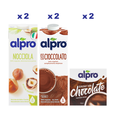 ALPRO BOX GOLOSA alla Soia, Cioccolato 2x1l + Nocciola 2x1l + Dessert Cioccolato 8x125gr