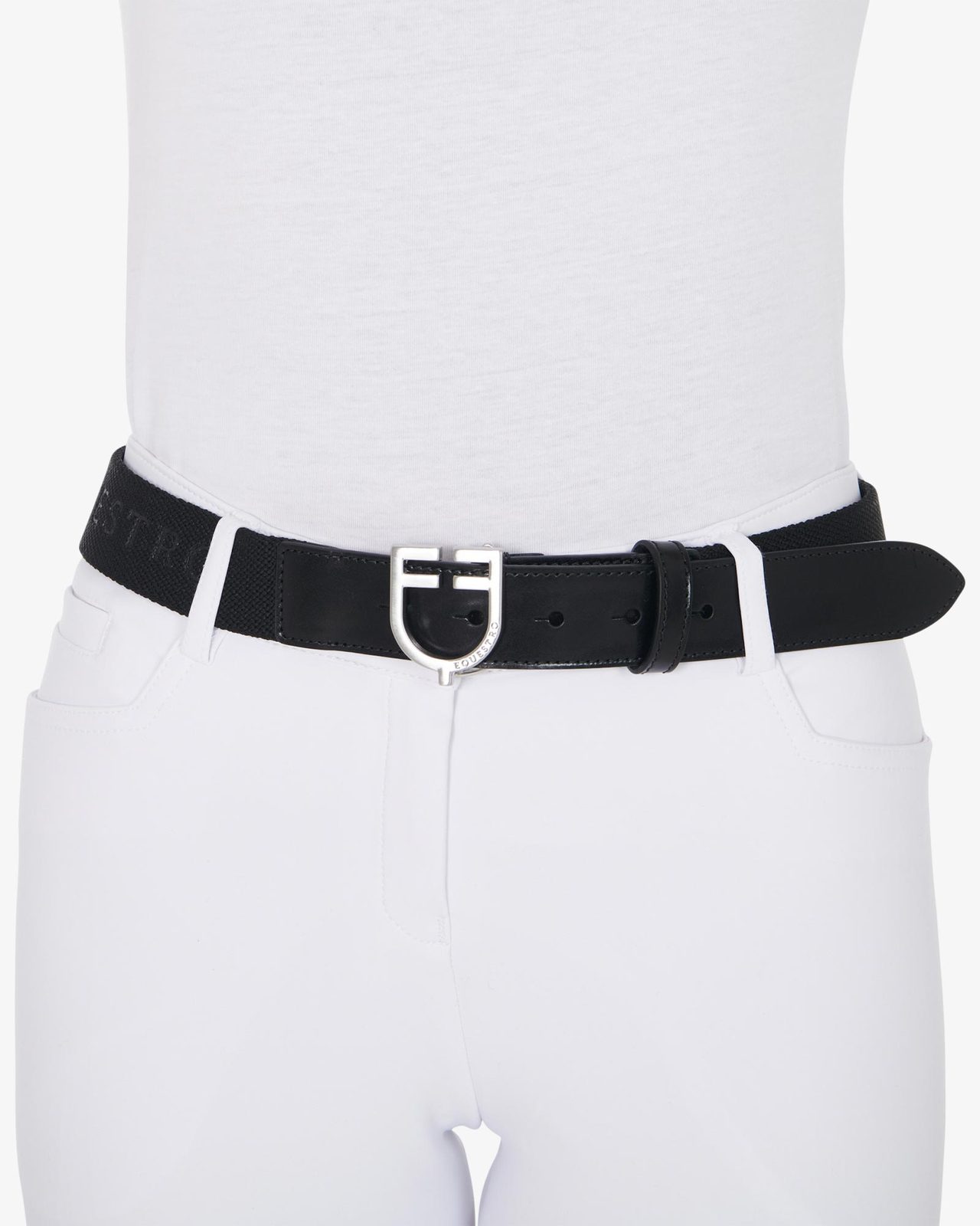 Leather belt with elastic and lettering