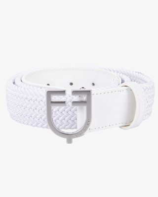 Leather elastic belt with logoed buckle