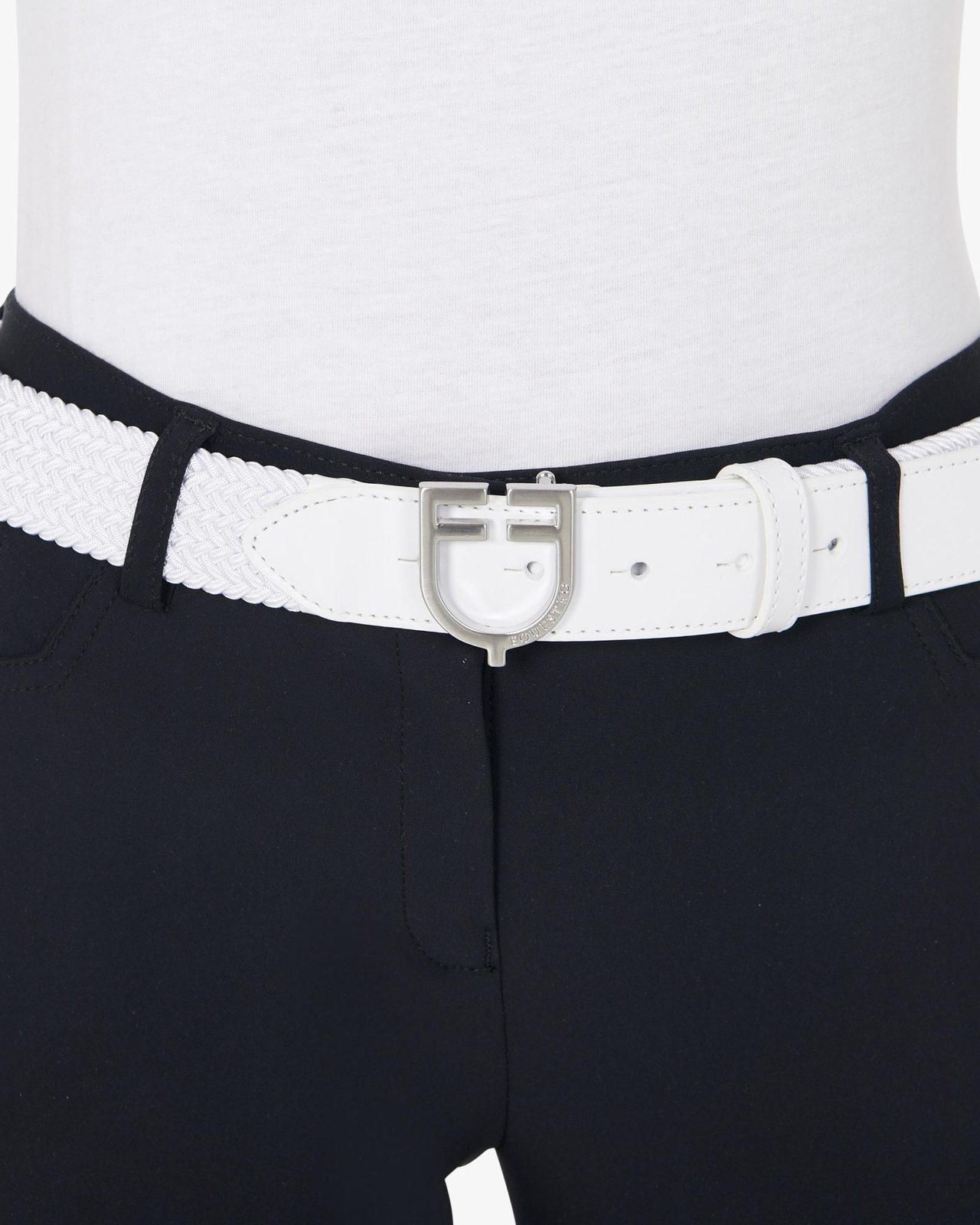 Leather elastic belt with logoed buckle