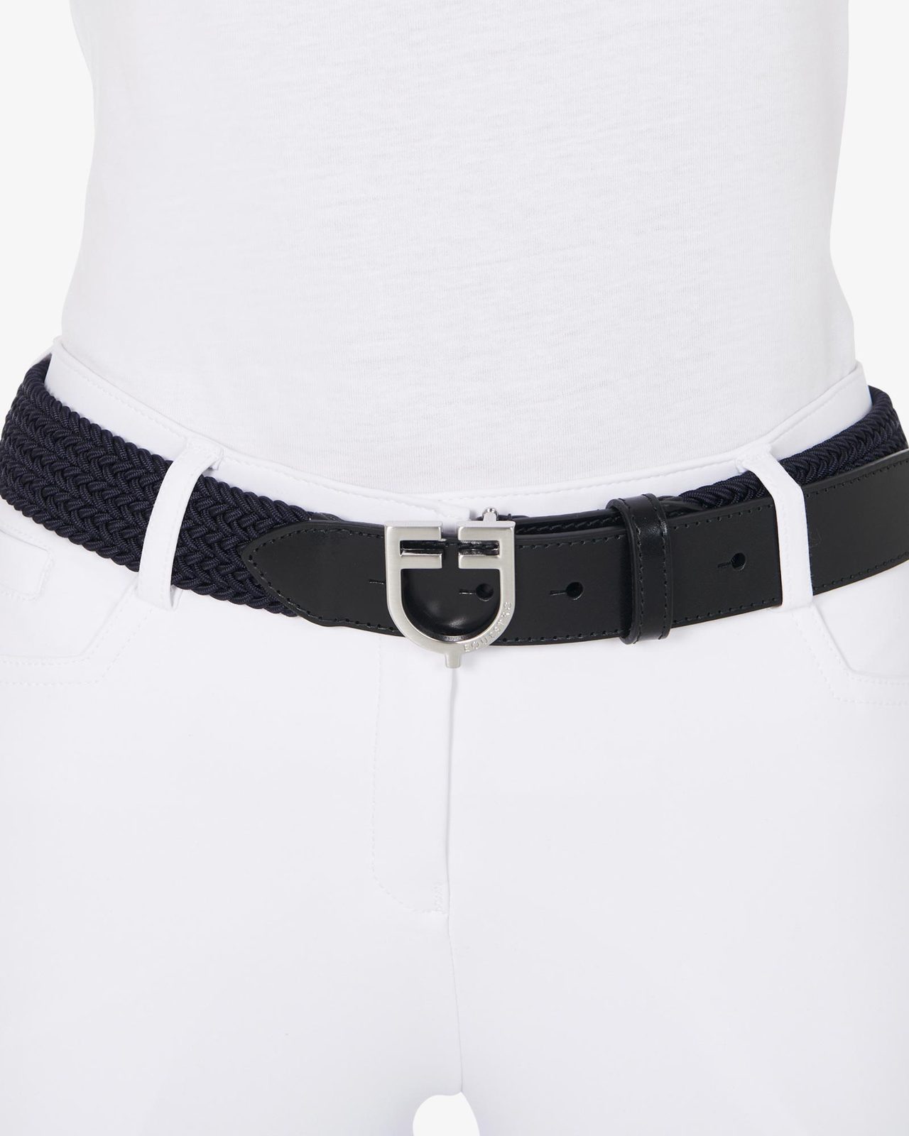 Leather elastic belt with logoed buckle