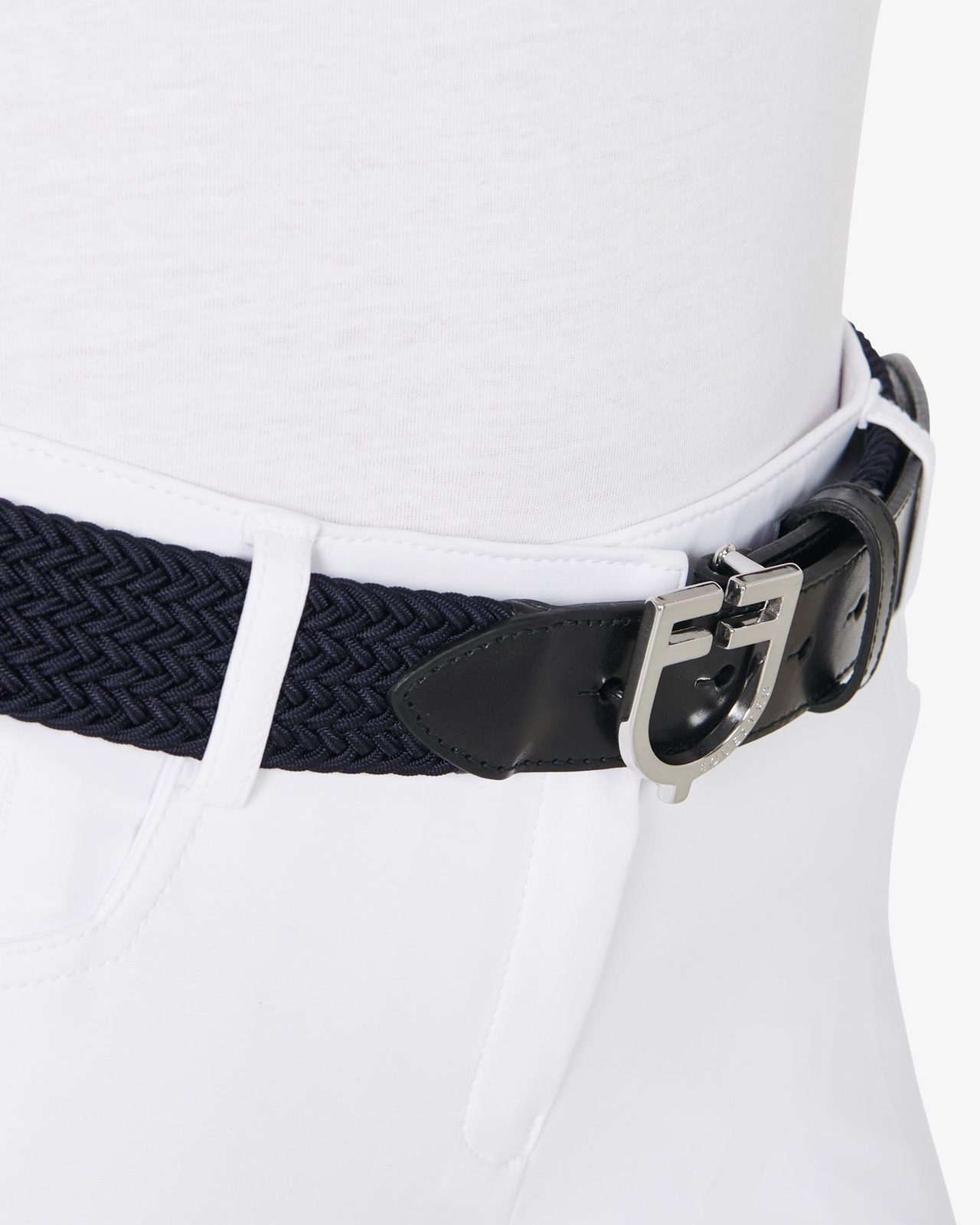 Leather elastic belt with logoed buckle