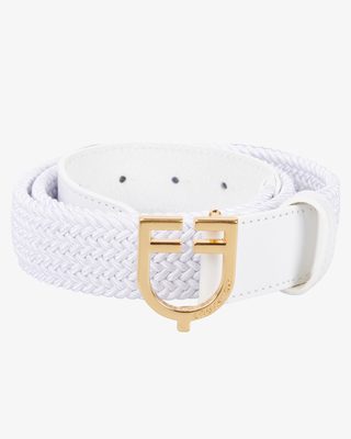 Leather elastic belt with logoed buckle