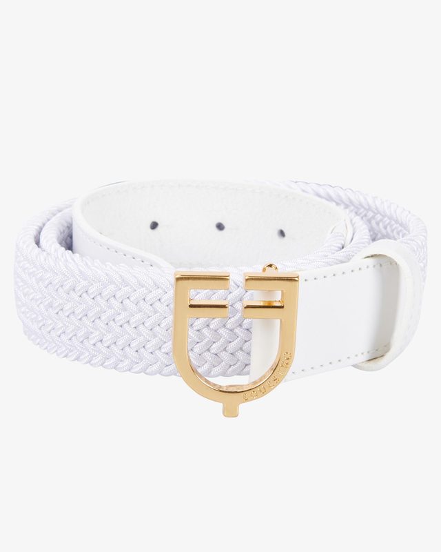 Leather elastic belt with logoed buckle