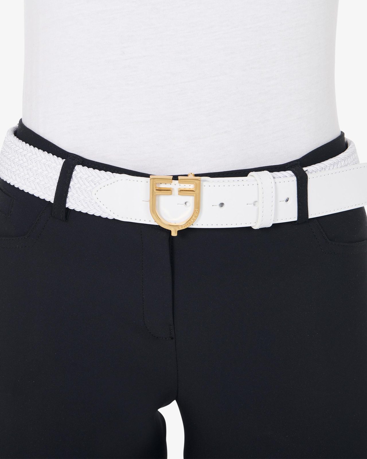 Leather elastic belt with logoed buckle