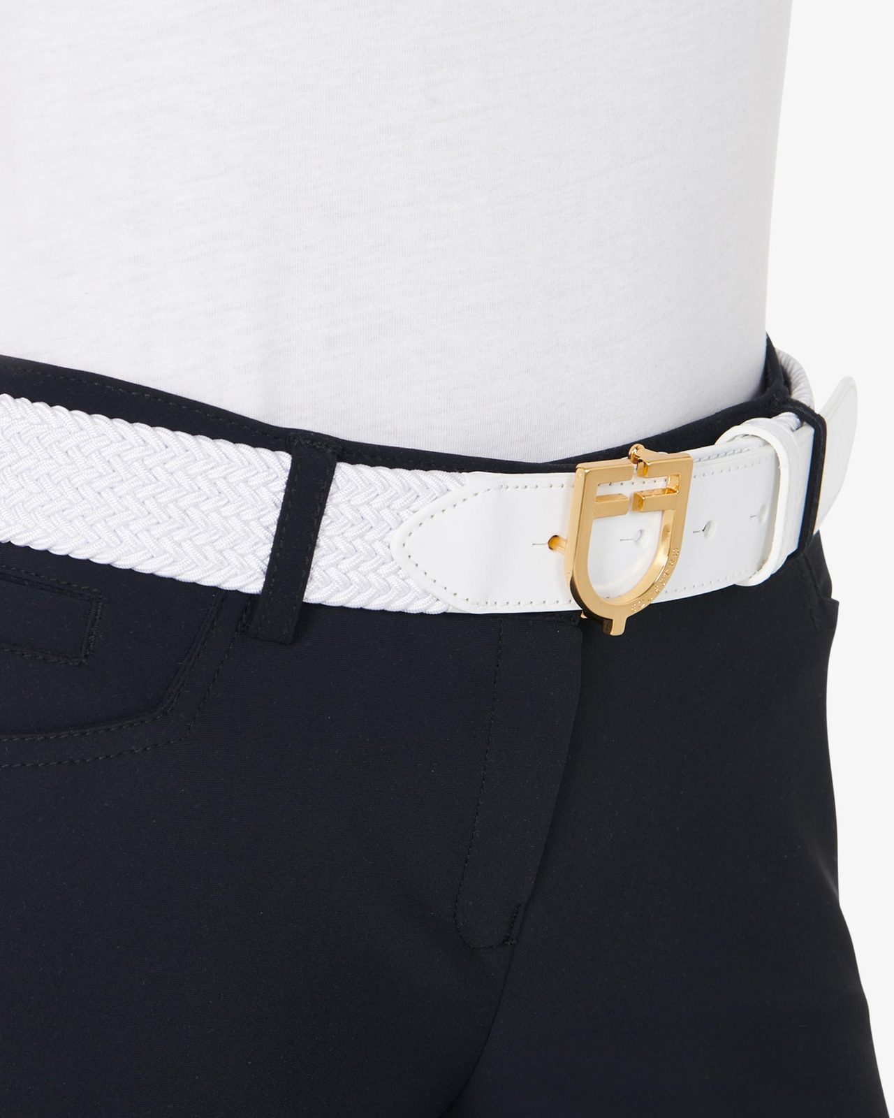 Leather elastic belt with logoed buckle