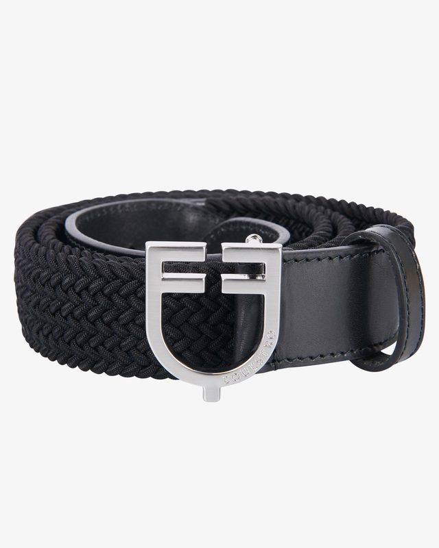 Leather elastic belt with logoed buckle