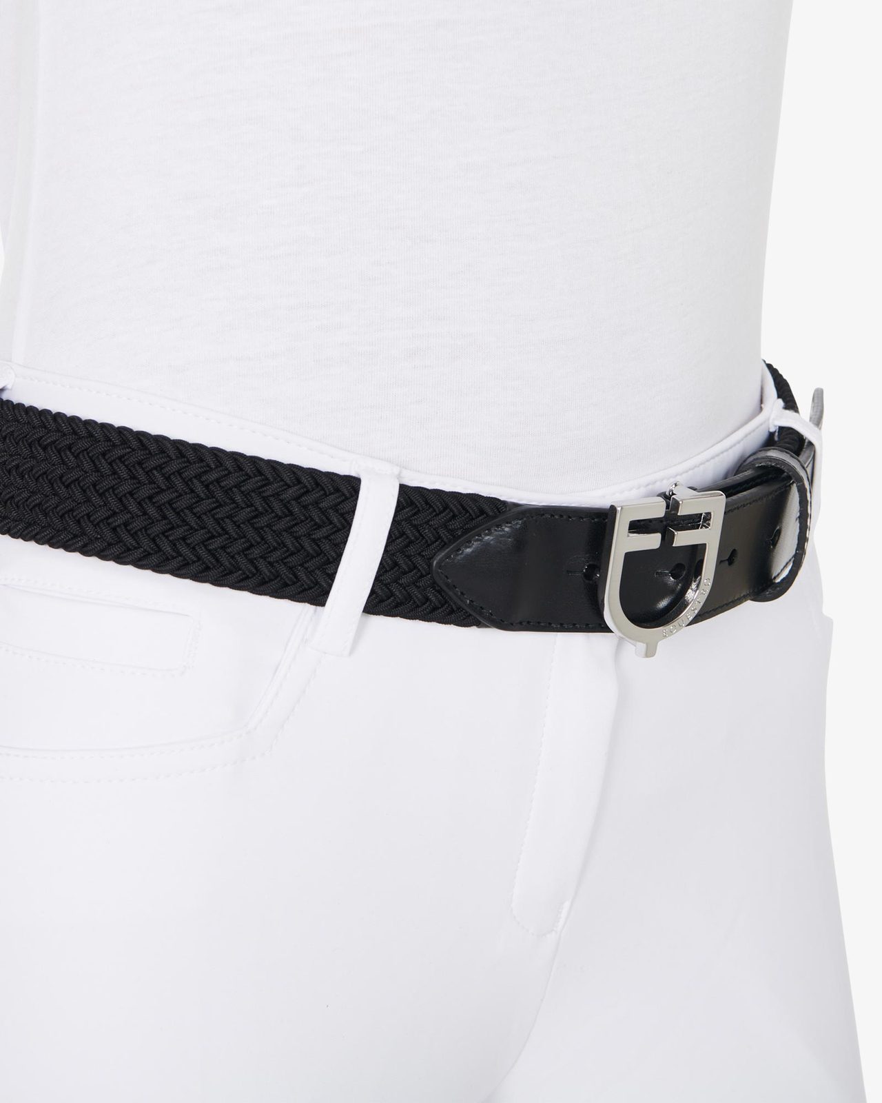 Cintura in cuoio con elastico e logo a fibbia