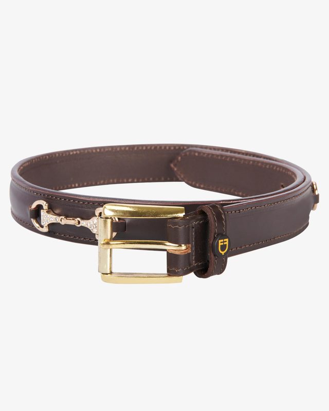 Leather belt with snaffle bits and rhinestones