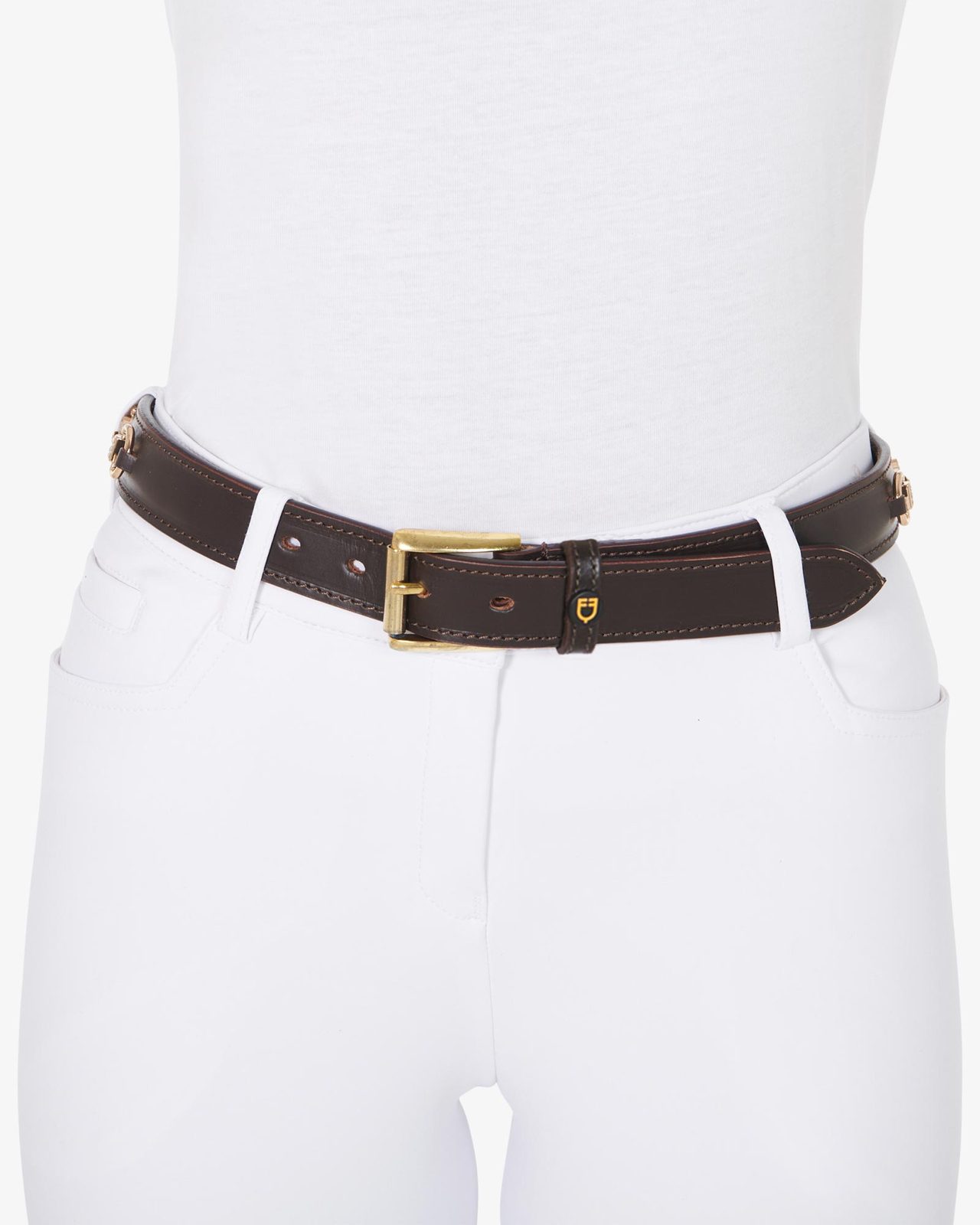 Leather belt with snaffle bits and rhinestones