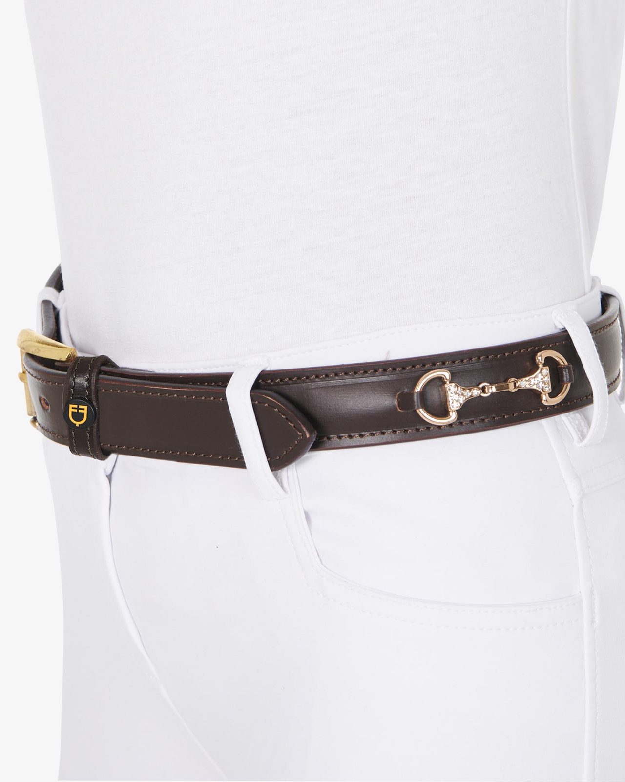 Leather belt with snaffle bits and rhinestones