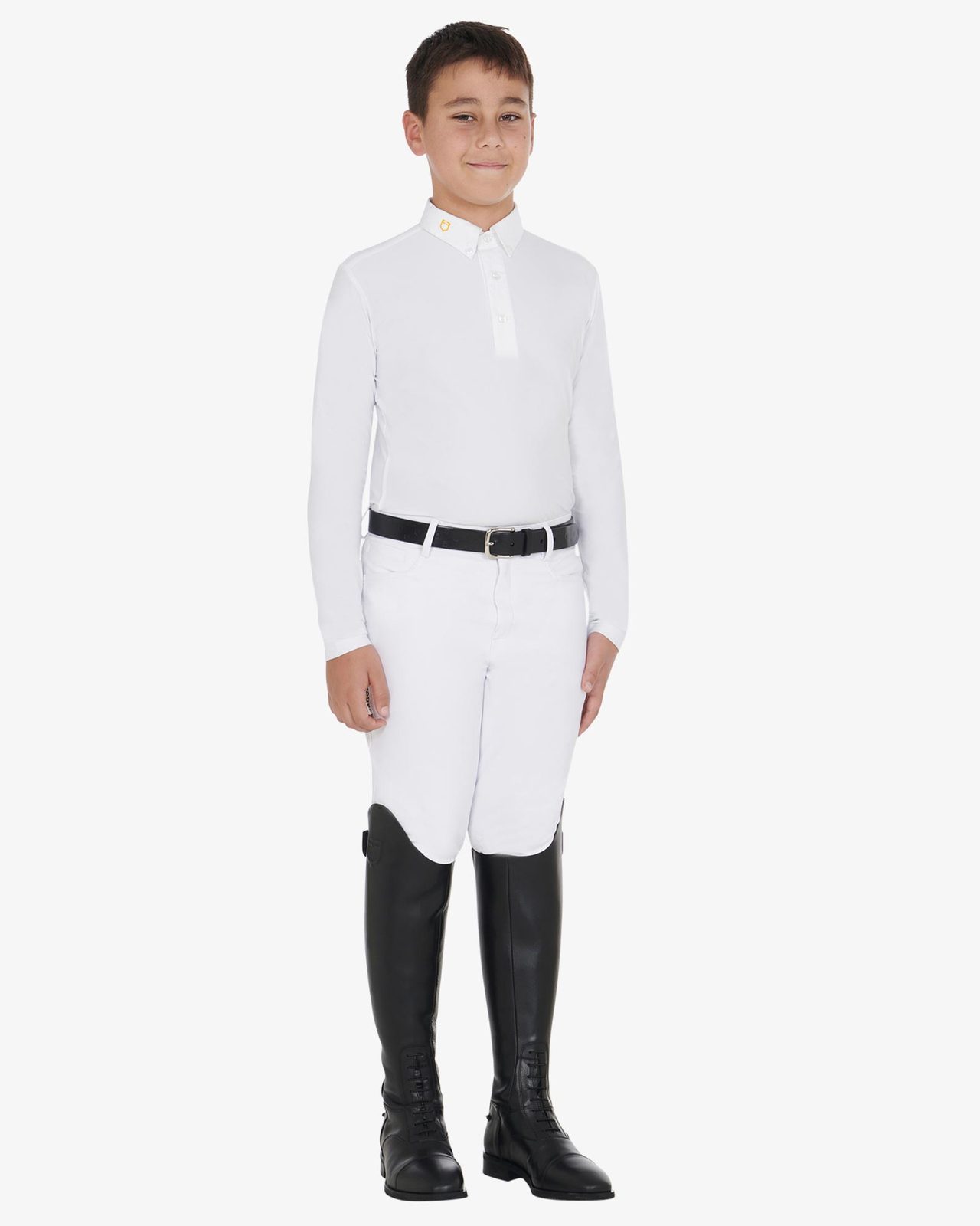 Boy's long-sleeved polo shirt in technical fleece fabric