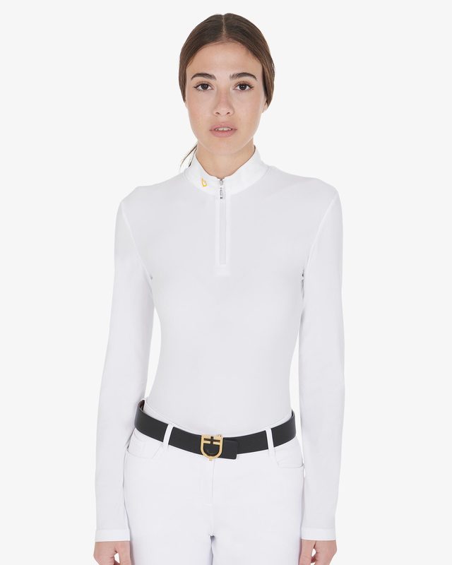 Women's long sleeved polo shirt in technical fleece fabric