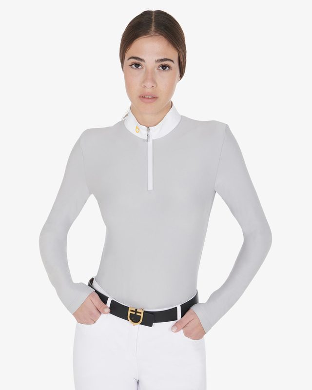Women's long sleeved polo shirt in technical fleece fabric