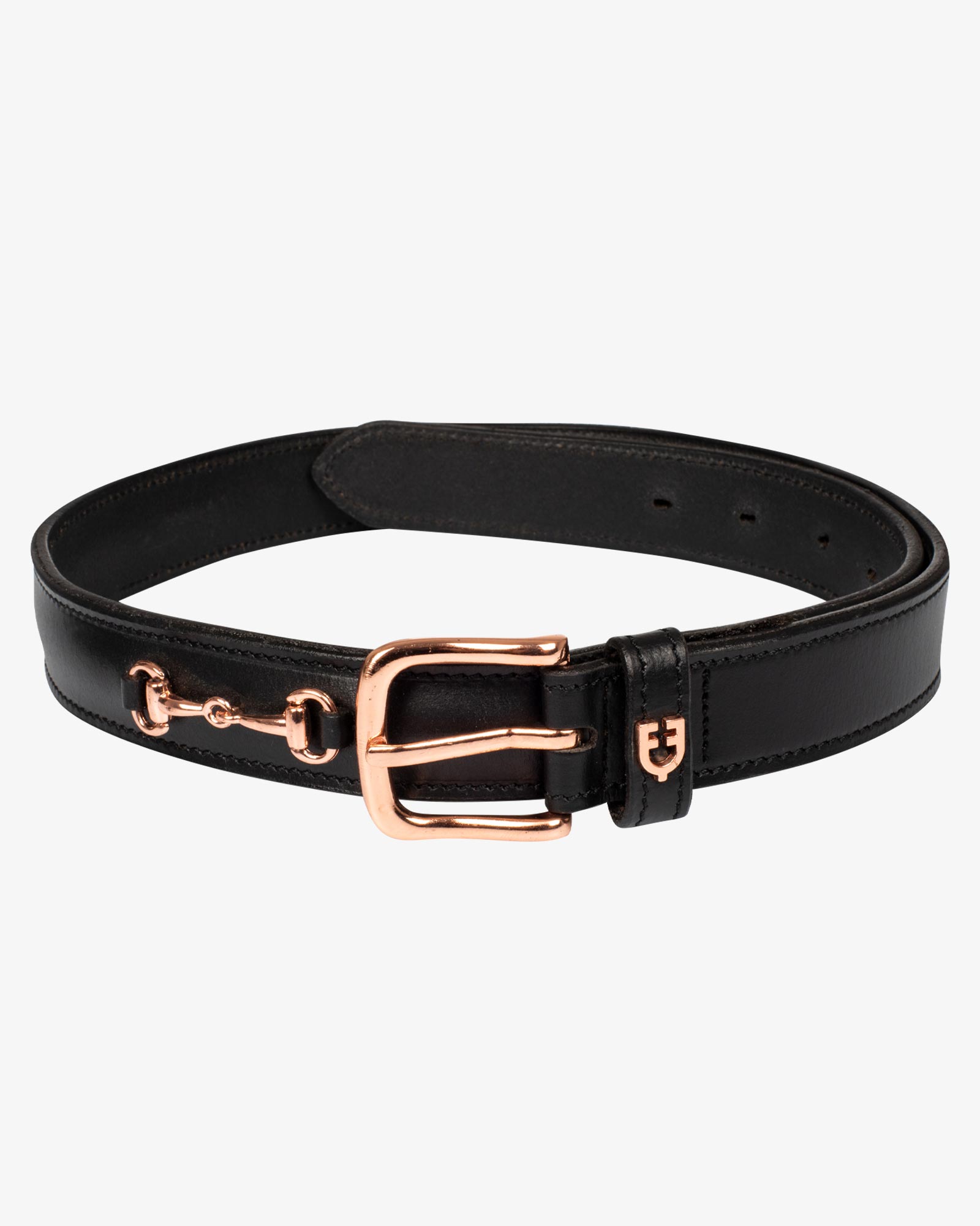 English belt with rose gold snaffle bits