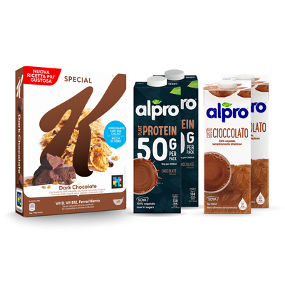 BOX COLAZIONE GUSTOSA Bevande Vegetali, Soia Cioccolato 2x1L + Protein Cioccolato 2x1L + Special K Dark Chocolate 290g