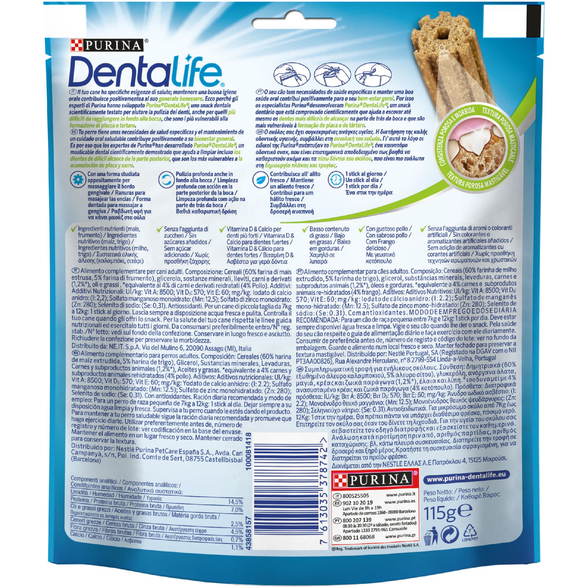 Snack dentale per cane taglia small 7-12 kg – Purina DENTALIFE® Daily Oral Care con pollo 7 stick 115 g