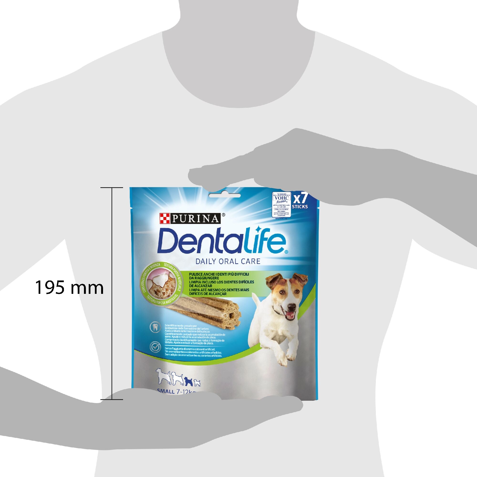 Snack dentale per cane taglia small 7-12 kg – Purina DENTALIFE® Daily Oral Care con pollo 7 stick 115 g