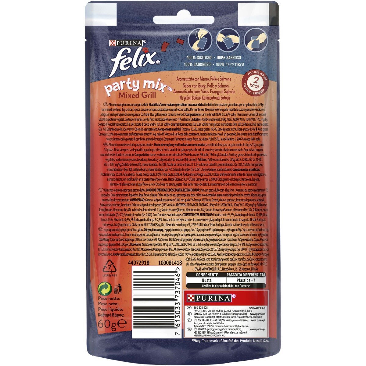 FELIX® Party Mix Gatto Snack Mixed Grill Aromatizzato con Manzo, Pollo e Salmone