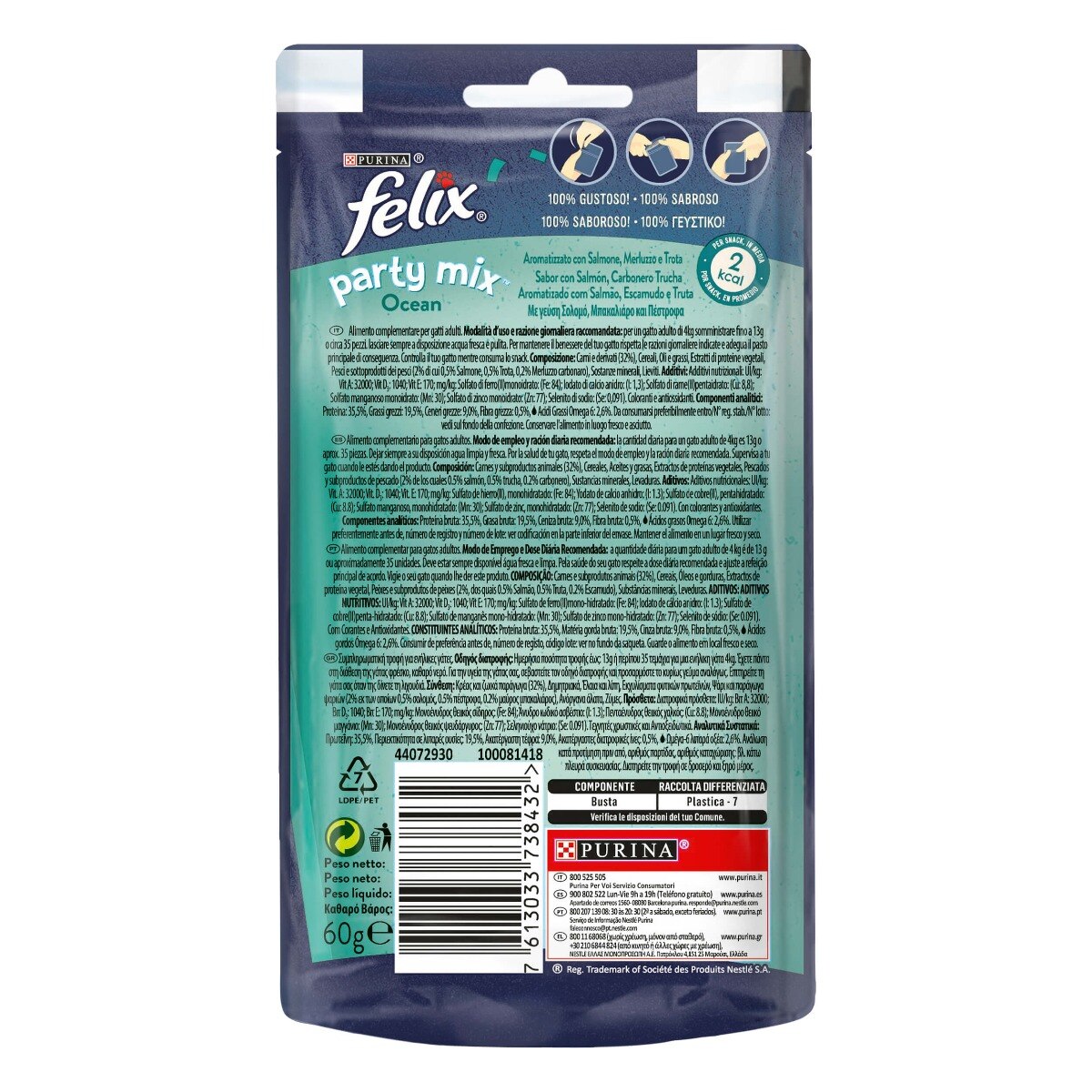 FELIX® Party Mix Gatto Snack Ocean Mix Aromatizzato con Salmone, Merluzzo e Trota