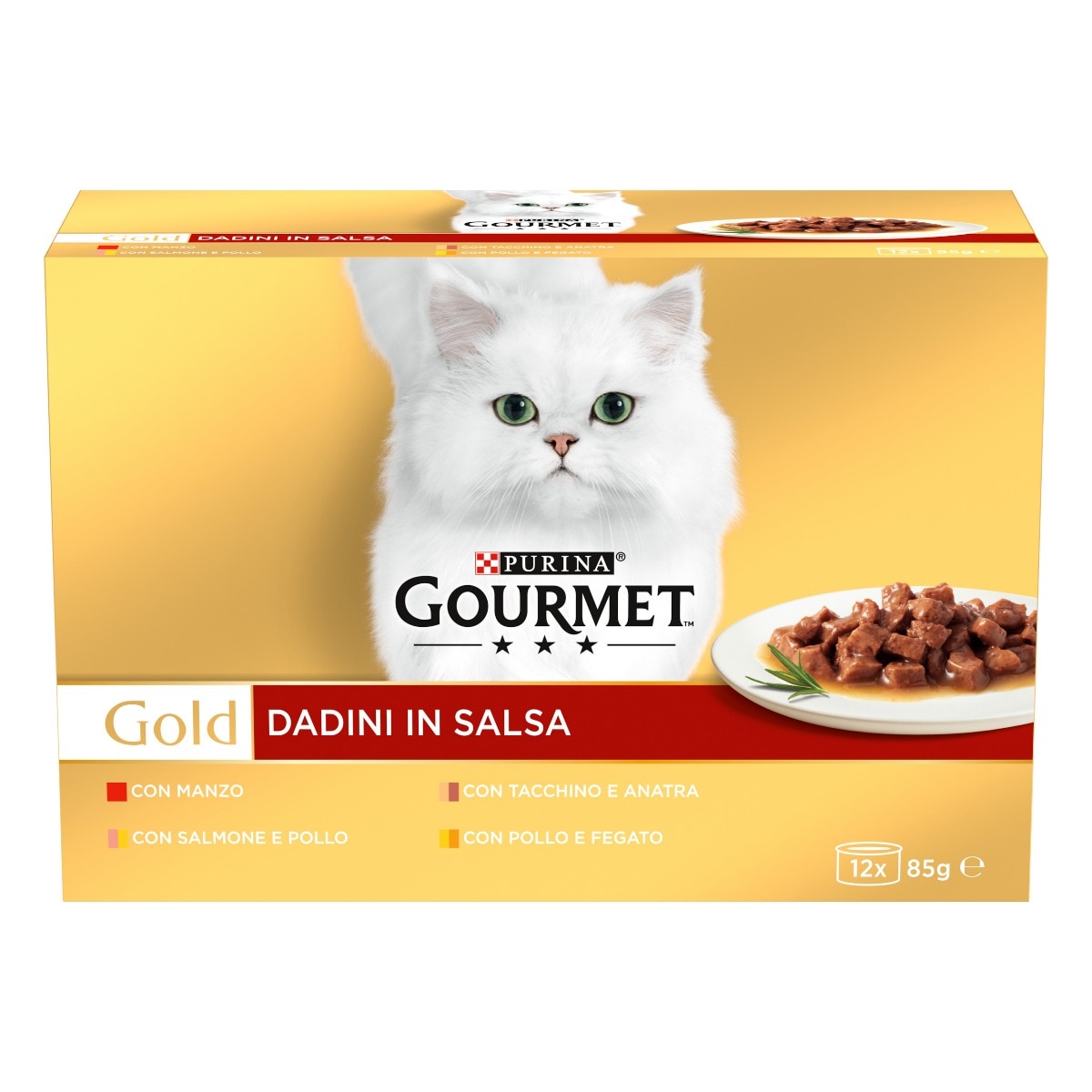 GOURMET® Gold Gatto Dadini in Salsa con Manzo, Salmone e Pollo, Tacchino e Anatra, Pollo e Fegato