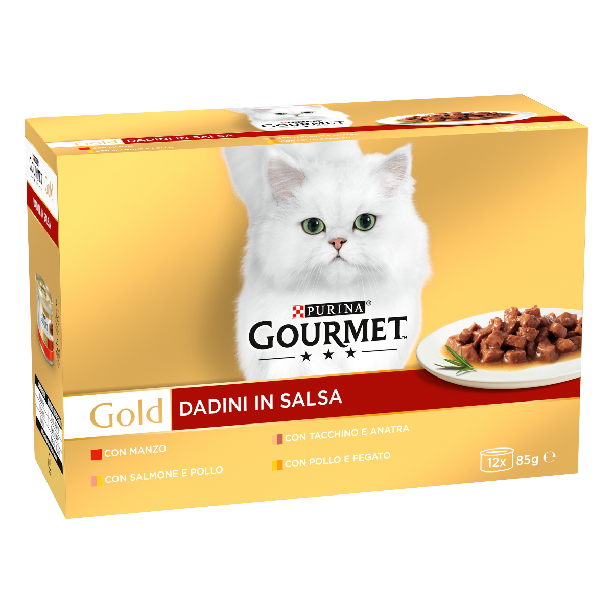 GOURMET® Gold Gatto Dadini in Salsa con Manzo, Salmone e Pollo, Tacchino e Anatra, Pollo e Fegato