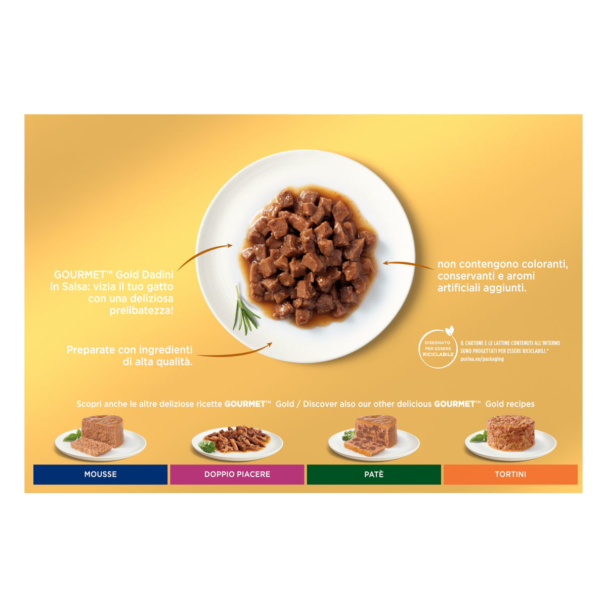 GOURMET® Gold Gatto Dadini in Salsa con Manzo, Salmone e Pollo, Tacchino e Anatra, Pollo e Fegato