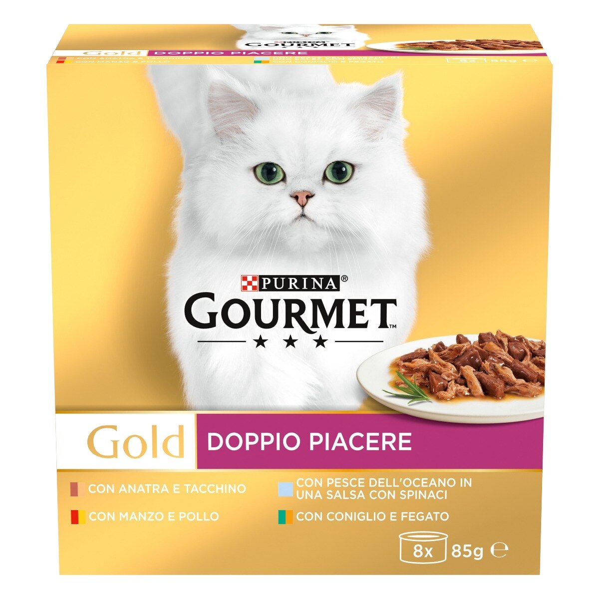 GOURMET® Gold Gatto Doppio Piacere con Manzo e Pollo, Coniglio e Fegato, Pesce dell'Oceano in Salsa con Spinaci, Anatra e Tacchino