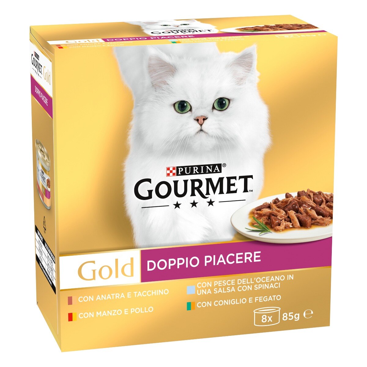 GOURMET® Gold Gatto Doppio Piacere con Manzo e Pollo, Coniglio e Fegato, Pesce dell'Oceano in Salsa con Spinaci, Anatra e Tacchino