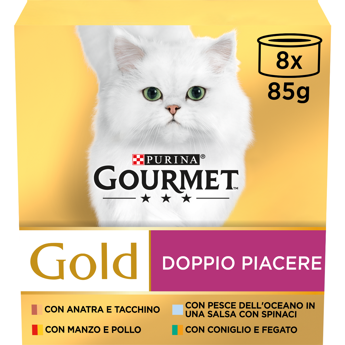 GOURMET® Gold Gatto Doppio Piacere con Manzo e Pollo, Coniglio e Fegato, Pesce dell'Oceano in Salsa con Spinaci, Anatra e Tacchino