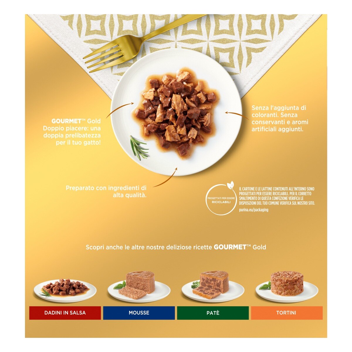 GOURMET® Gold Gatto Doppio Piacere con Manzo e Pollo, Coniglio e Fegato, Pesce dell'Oceano in Salsa con Spinaci, Anatra e Tacchino