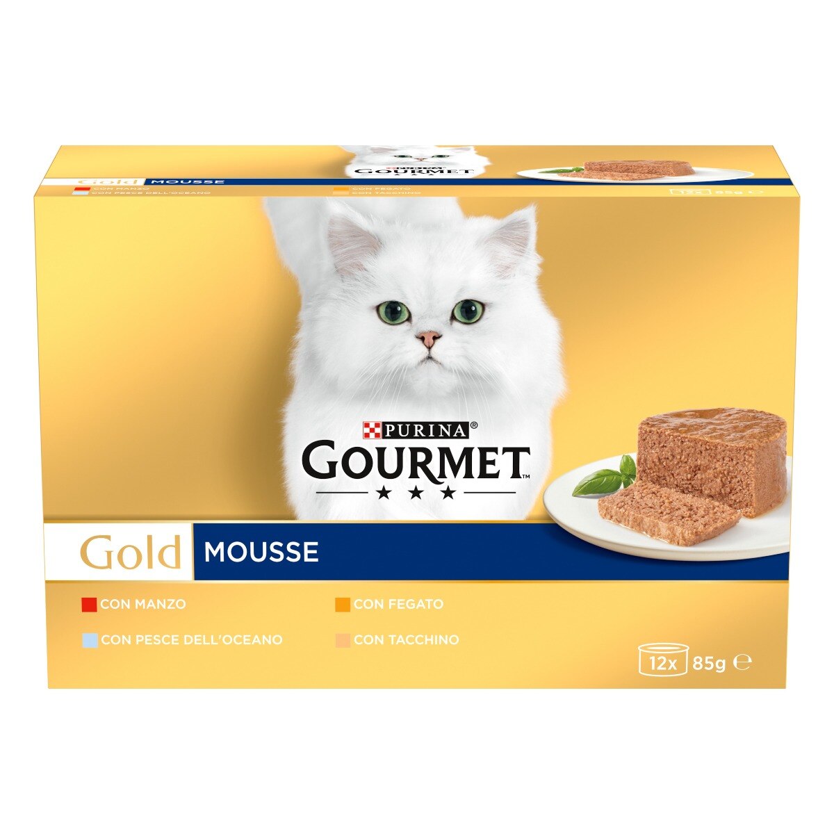 GOURMET® Gold Gatto Mousse con Manzo, Pesce dell'Oceano, Tacchino, Fegato