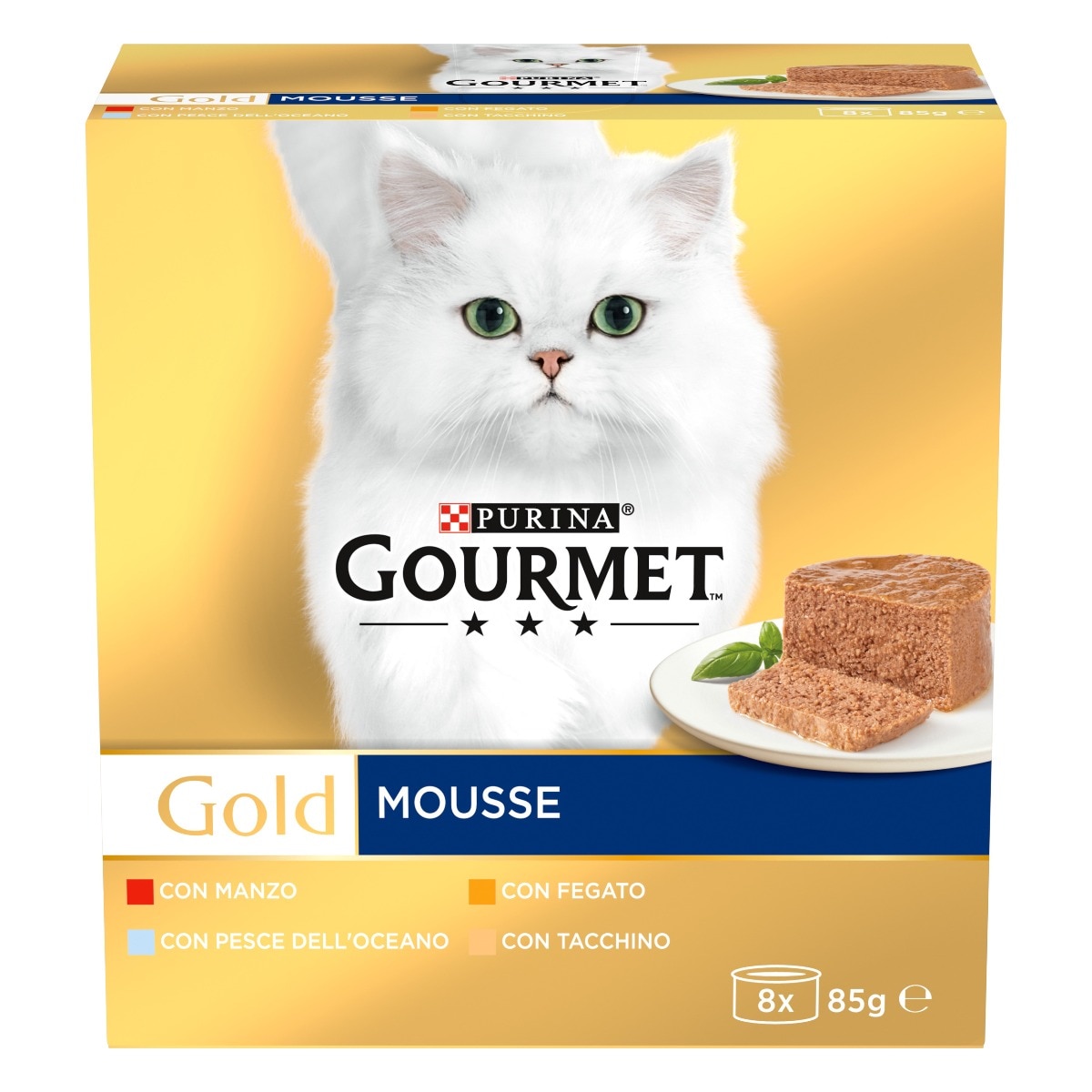 GOURMET® Gold Gatto Mousse con Pesce dell'Oceano, con Fegato, con Tacchino, con Manzo
