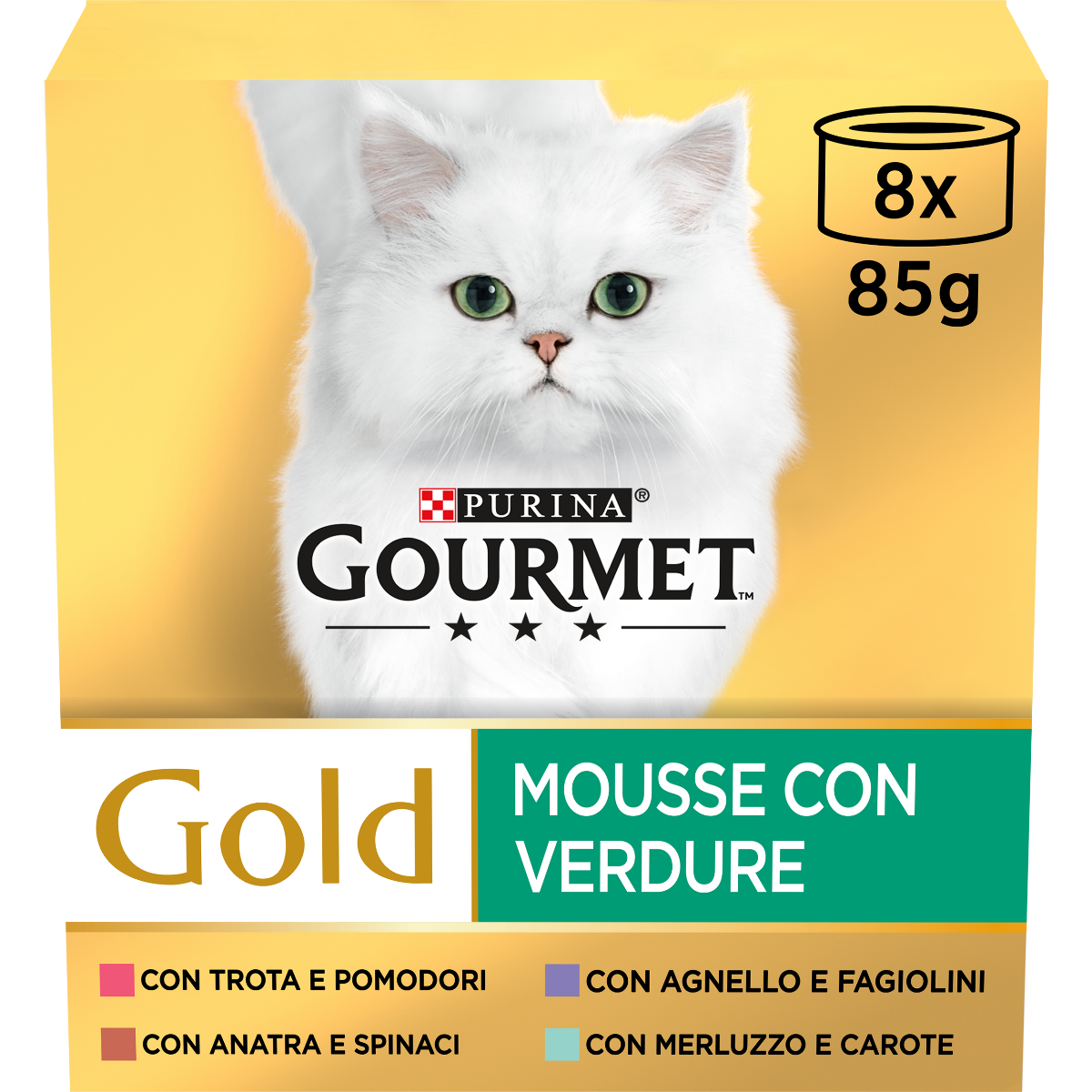 GOURMET® Gold Gatto Mousse con Verdure con Agnello, Anatra, Trota, Merluzzo